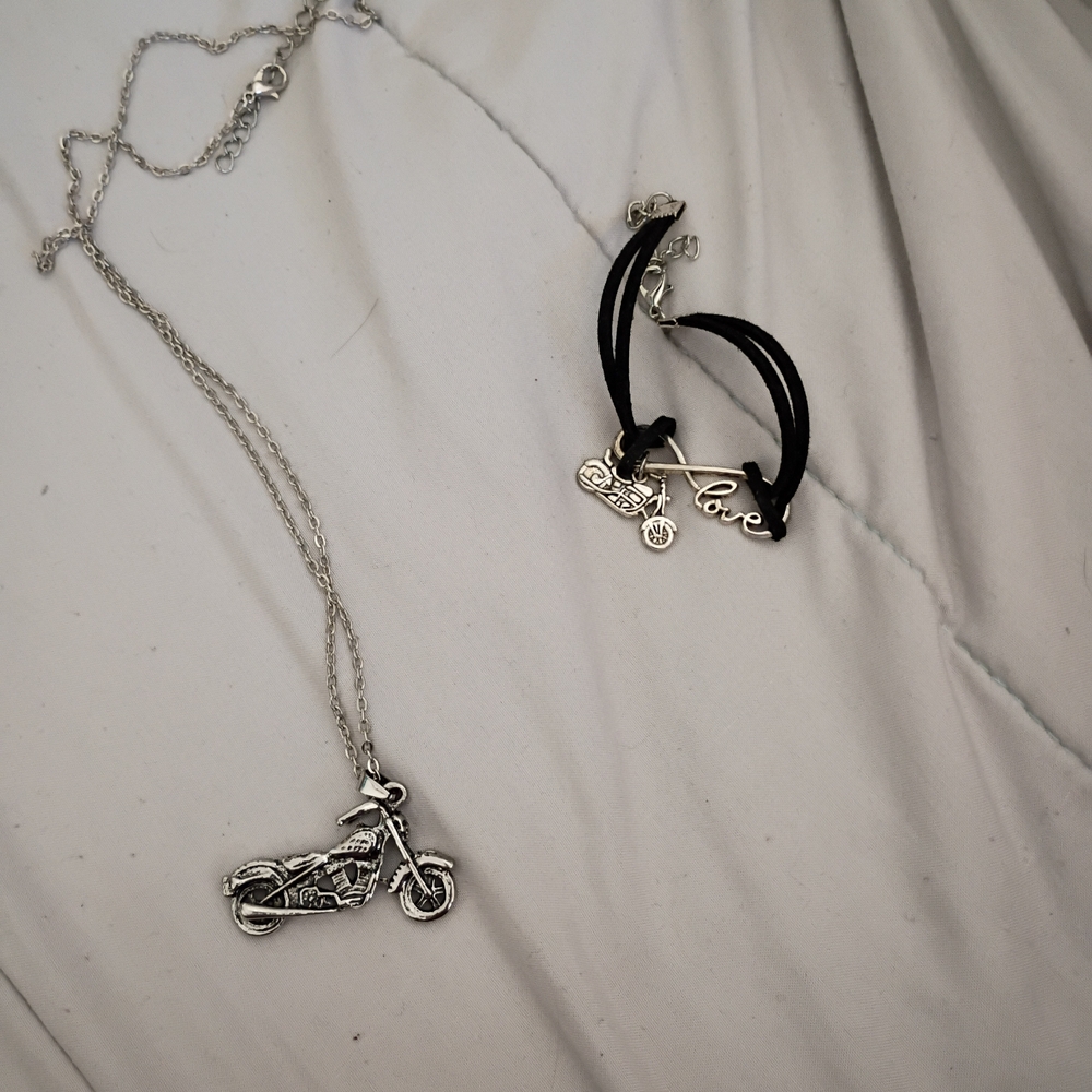 Silver Motorcycle Necklace and Black Bracelet Set